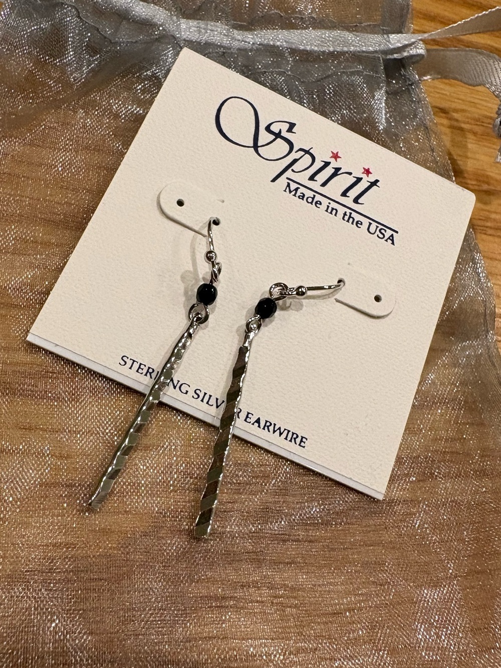 Spirit Sterling Silver Textured Bar Earrings with Black Beads